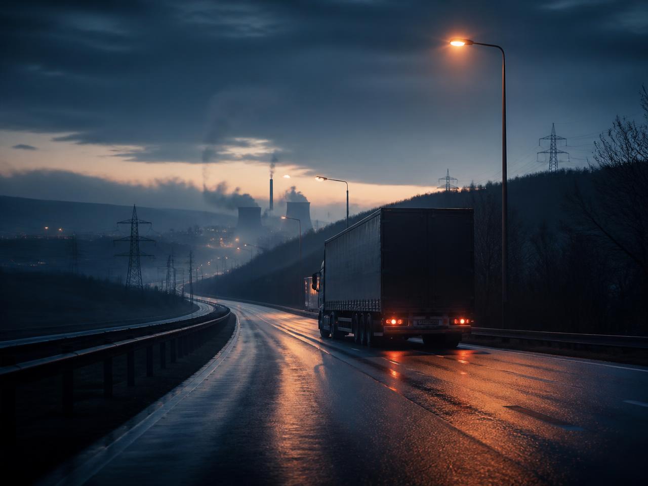 Puspriekabė Čekijos D1 magistralėje pramoniniame kraštovaizdyje su kaminais horizonte