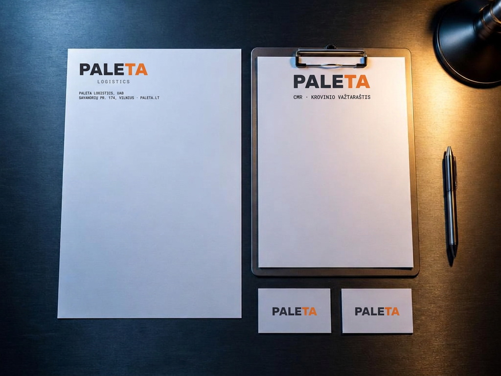 PALETA blankas, CMR važtaraštis segtuve ir vizitinės kortelės ant metalinio stalo