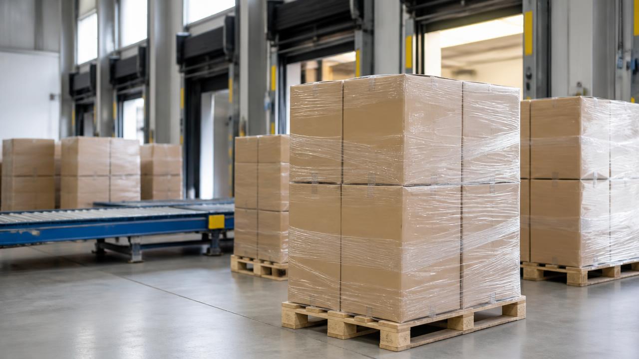 E-komercijos pakuočių paletės prie sandėlio doko