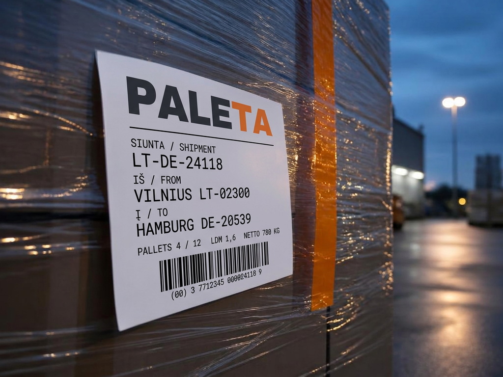 Palečių krovinys su PALETA siuntos etikete ir oranžine lipnia juosta