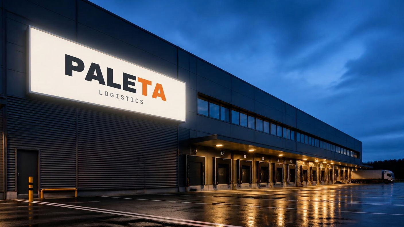 Terminalo fasadas naktį su apšviesta PALETA iškaba