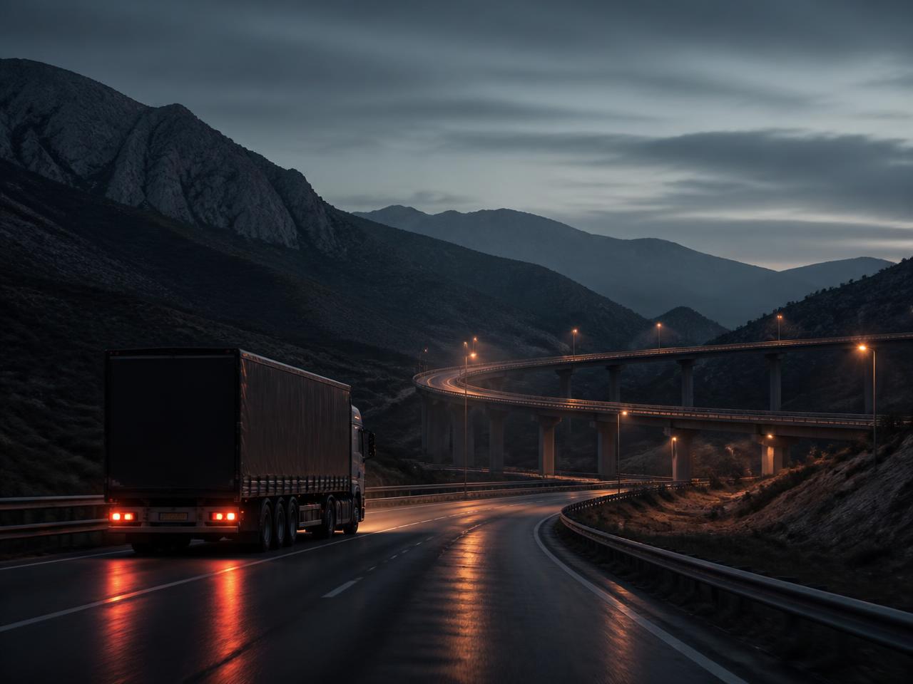 Puspriekabė autostradoje per Pirėnų kalnų priekalnes į Ispaniją mėlynąją valandą