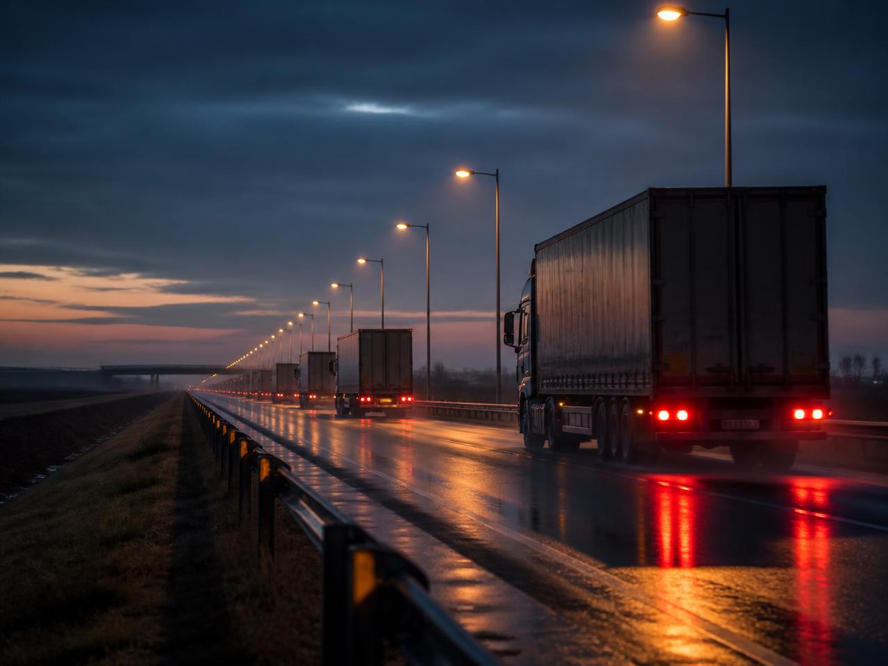 Vilkstinė krovininių automobilių Lenkijos tranzito magistralėje per lygumas sutemus