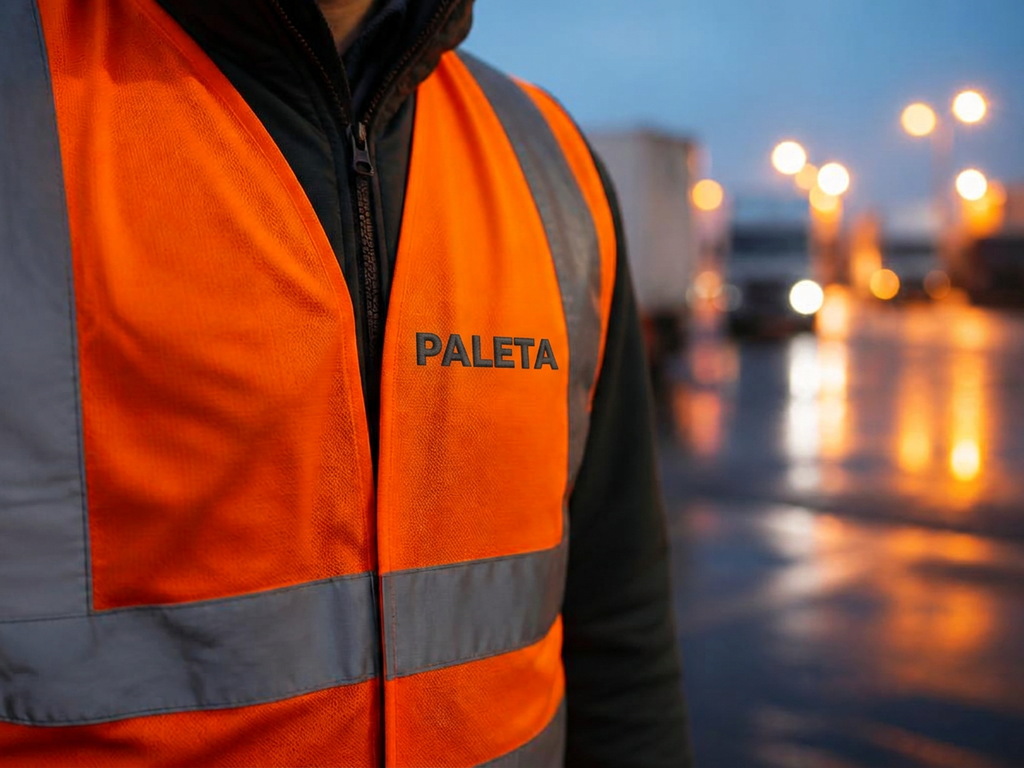 Oranžinė hi-vis liemenė su išsiuvinėtu PALETA logotipu terminale