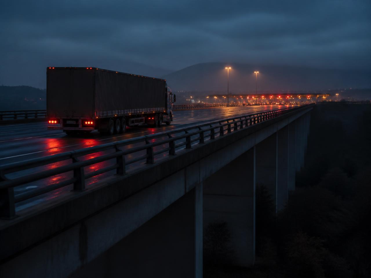 Tentinė puspriekabė Prancūzijos autostrados viadukte prieš rinkliavos postą sutemus