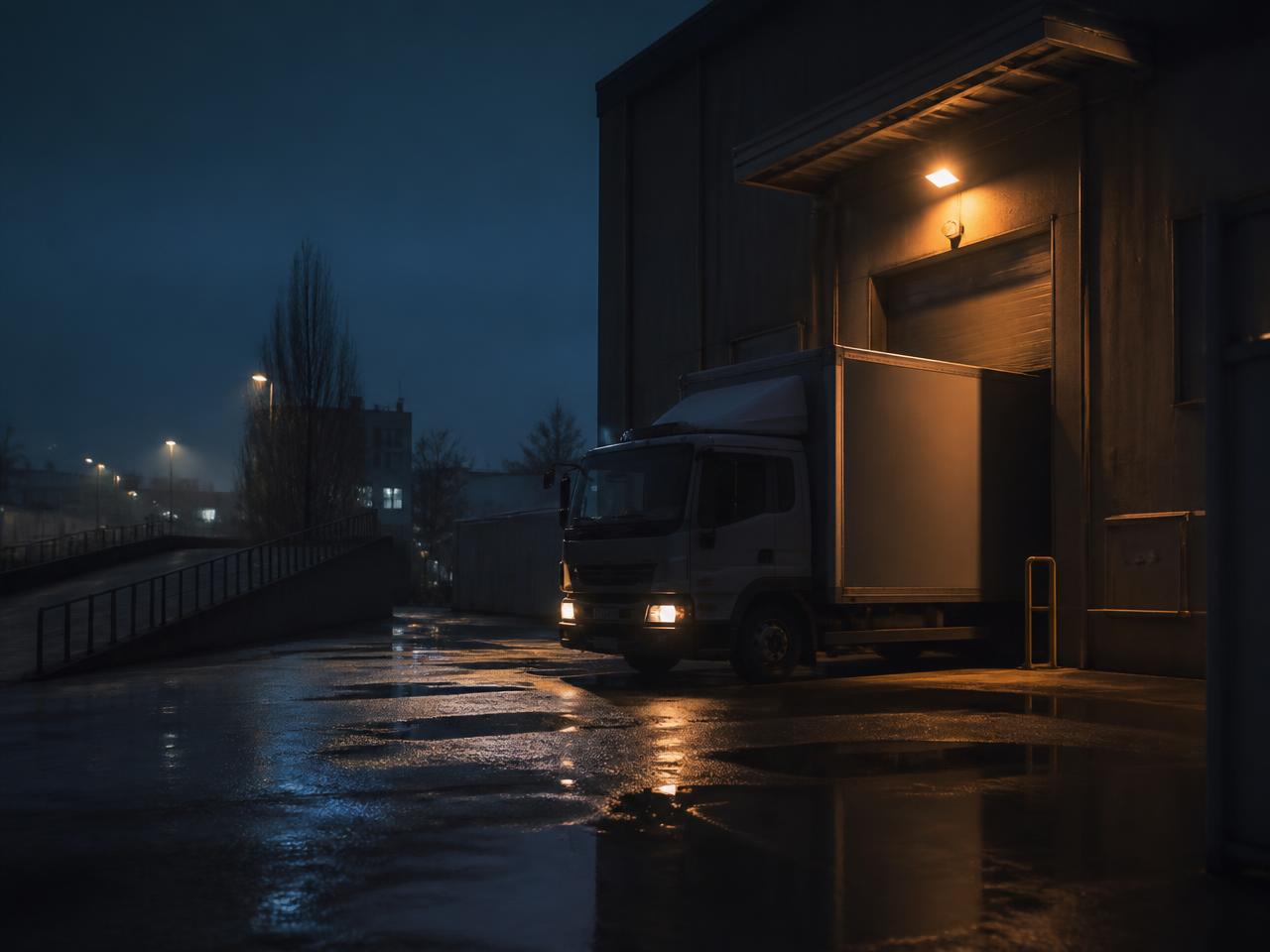 Miesto paskirstymo terminalas Prancūzijoje su mažesniu furgonu prie apšviesto doko