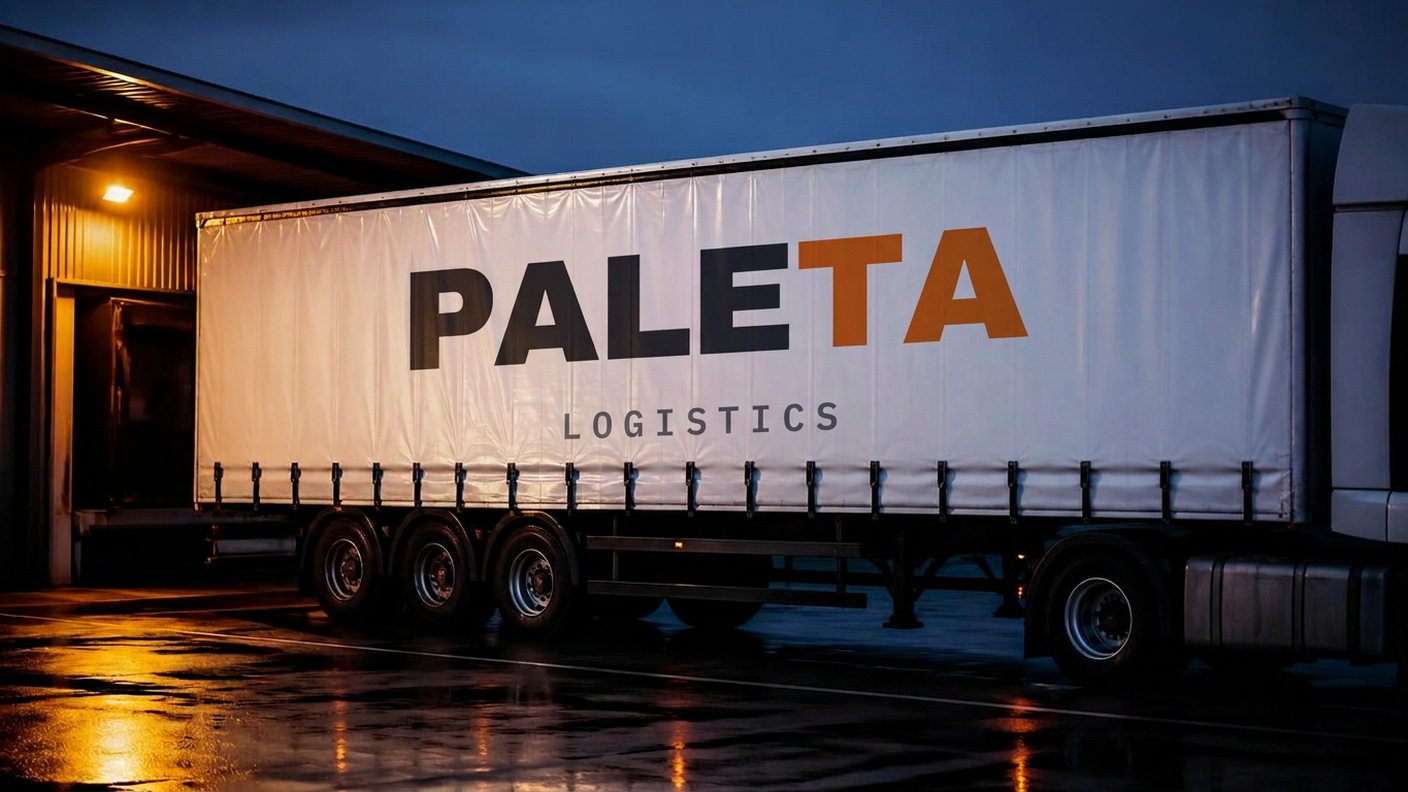 Tentinės puspriekabės šonas su PALETA logotipu terminalo rampoje mėlynąją valandą