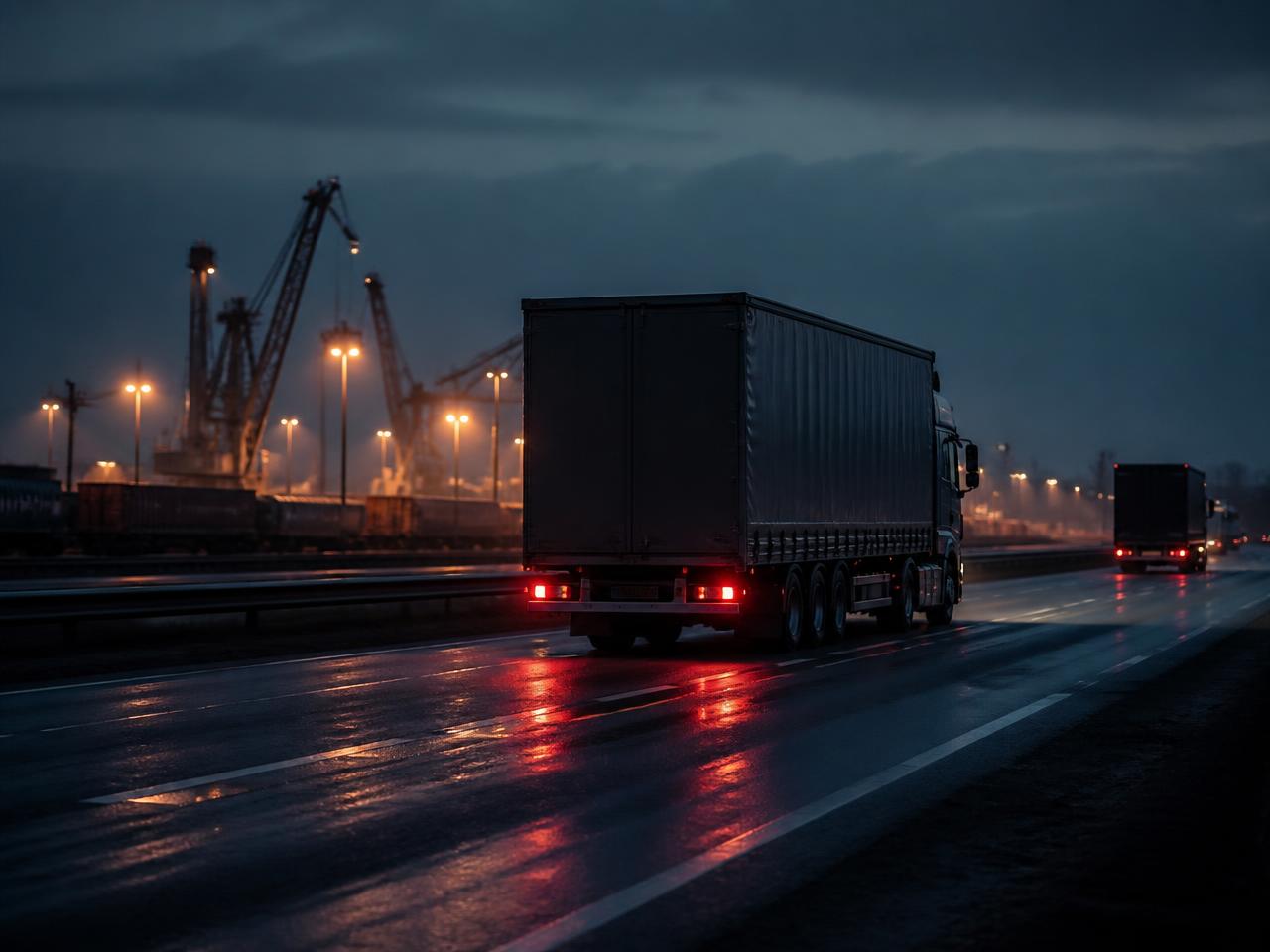 Tentinė puspriekabė Vokietijos autobane prie pramoninio terminalo mėlynąją valandą